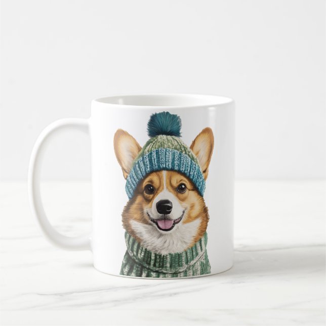 Cosy Corgi in Winter Gear Coffee Mug (Left)