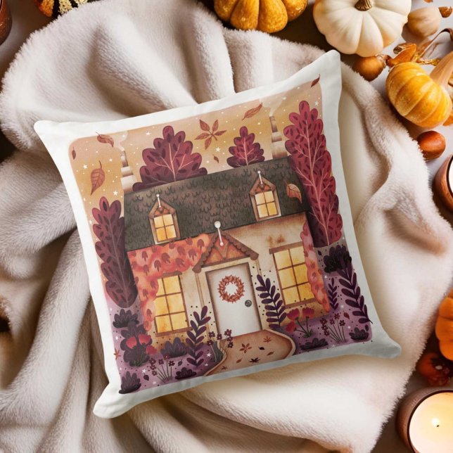 Cosy Cottage and Fall Autumn Leaves  Cushion (Cozy Cottage and Fall Autumn Leaves Throw Pillow)