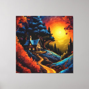 Cosy Cottage at Christmas Under a Glowing Moonlit Canvas Print