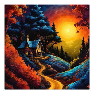 Cosy Cottage at Christmas Under a Glowing Moonlit  Photo Print