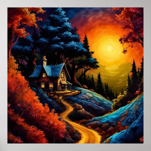 Cosy Cottage at Christmas Under a Glowing Moonlit Poster