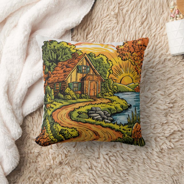 Cosy cottage by the river at sunrise cushion (Blanket)