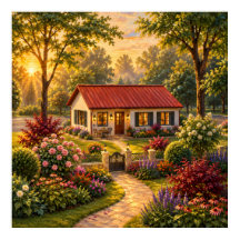 Cosy Cottage Garden at Sunset Oil Painting Print