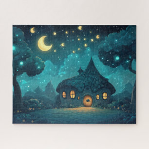 Cosy Cottage Glowing Under Crescent Moon Jigsaw Puzzle
