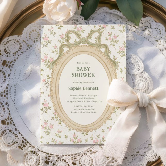 Cosy Cottage Green Bow Frame Baby Shower Invitation (Creator Uploaded)