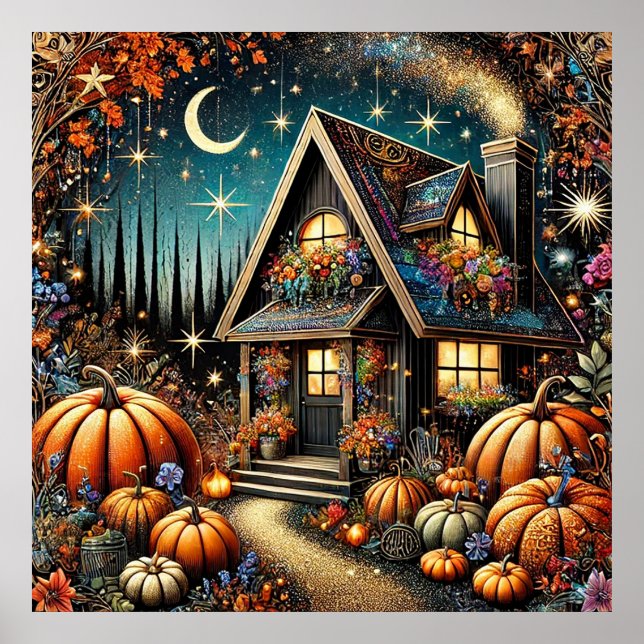 Cosy Cottage With Festive Pumpkins Poster (Front)