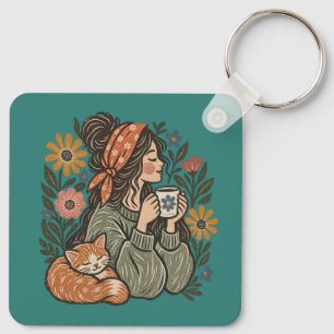 Cosy Cottagecore Cat & Coffee Cute Acrylic Key Ring