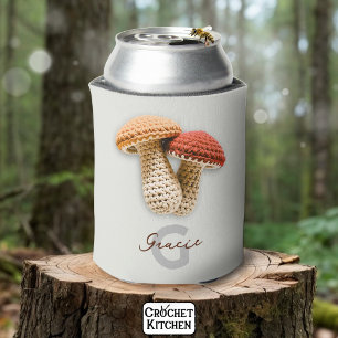 Cosy Cottagecore Crochet Mushroom Monogram Name  Can Cooler