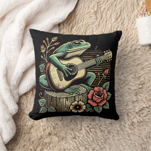 Cosy Cottagecore Frog with Guitar Throw Pillow