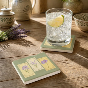 Cosy Cottagecore Sage Green & Yellow Floral Wood Stone Coaster