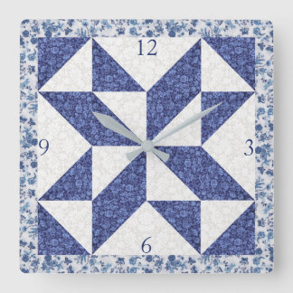 Cosy Country Blue White Calico Faux Quilt Square  Square Wall Clock