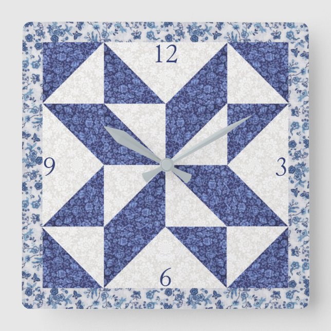 Cosy Country Blue White Calico Faux Quilt Square  Square Wall Clock (Front)