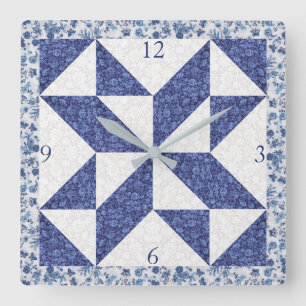 Cosy Country Blue White Calico Faux Quilt Square  Wall Clock