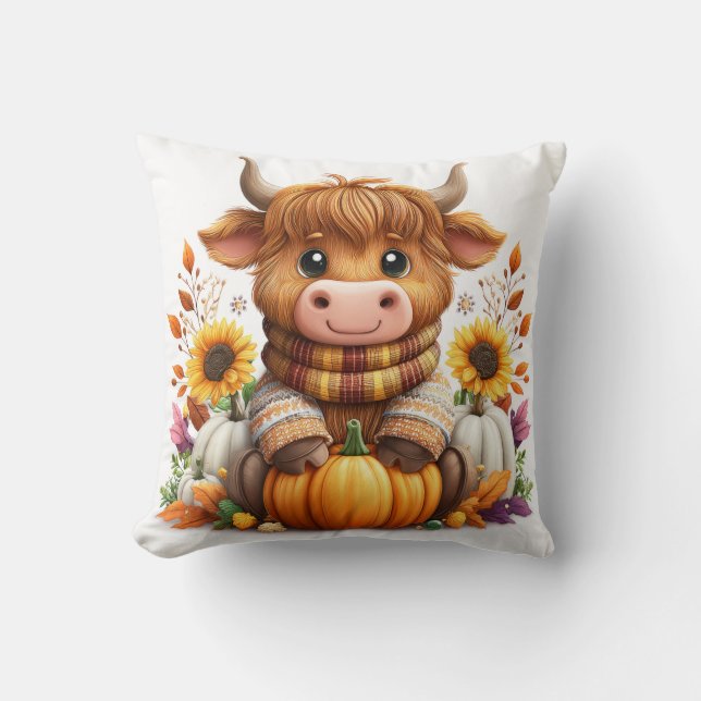 Cosy Cow with Pumpkin & Sunflowers Cushion (Front)