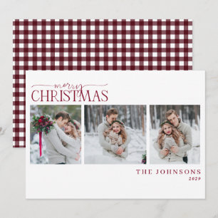 Cosy Cranberry Gingham Newlywed Christmas Photo Holiday Card