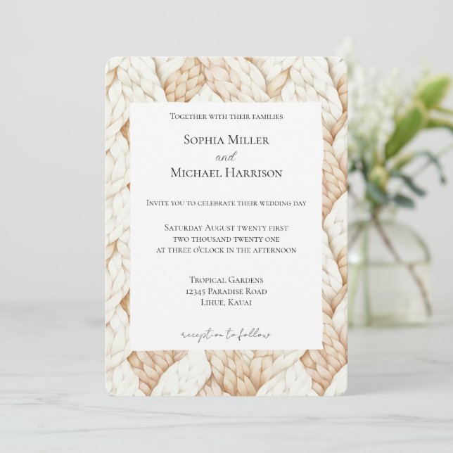 Cosy Cream Beige Weaves Wedding Invitation (Standing Front)
