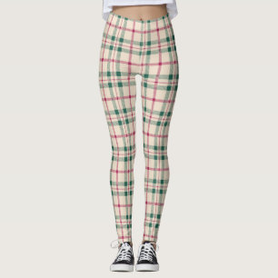 Cosy Cream Tartan Plaid Pink & Green Checks Leggings