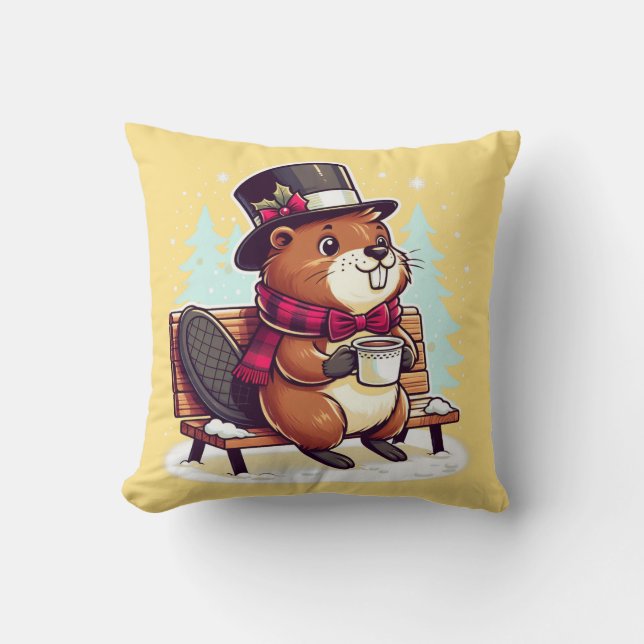 Cosy Critter: Adorable Beaver Pillow for Ultimate  (Front)
