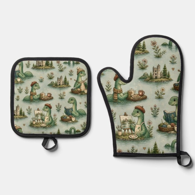 Cosy Cryptids Nessie Loch Ness Monster hobbies  Oven Mitt & Pot Holder Set (Front)