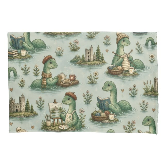 Cosy Cryptids Nessie Loch Ness Monster hobbies  Pillowcase (Front-Left)