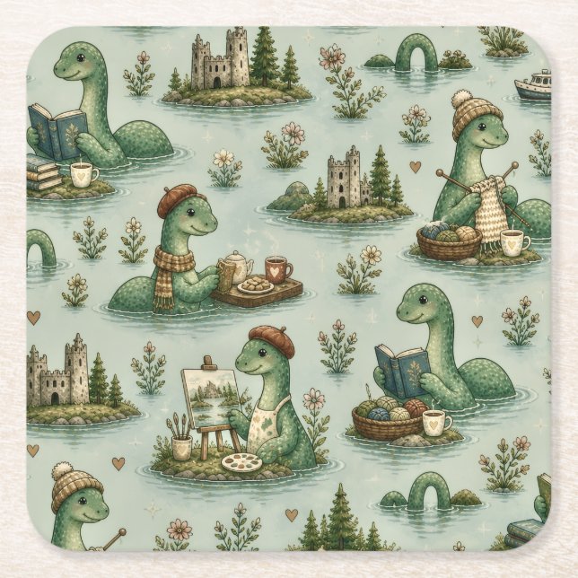 Cosy Cryptids Nessie Loch Ness Monster hobbies  Square Paper Coaster (Front)