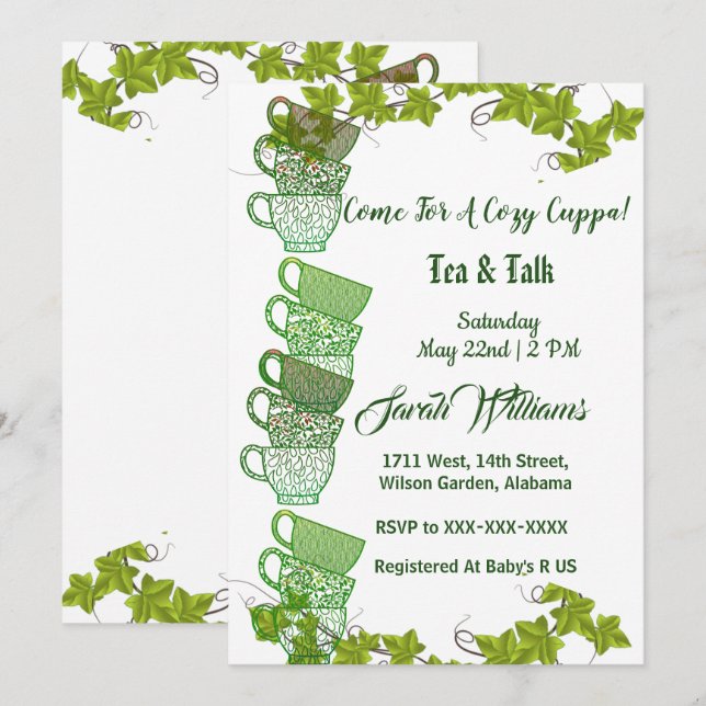 Cosy Cuppa Green Tea Cups Afternoon Tea Party Invitation (Front/Back)