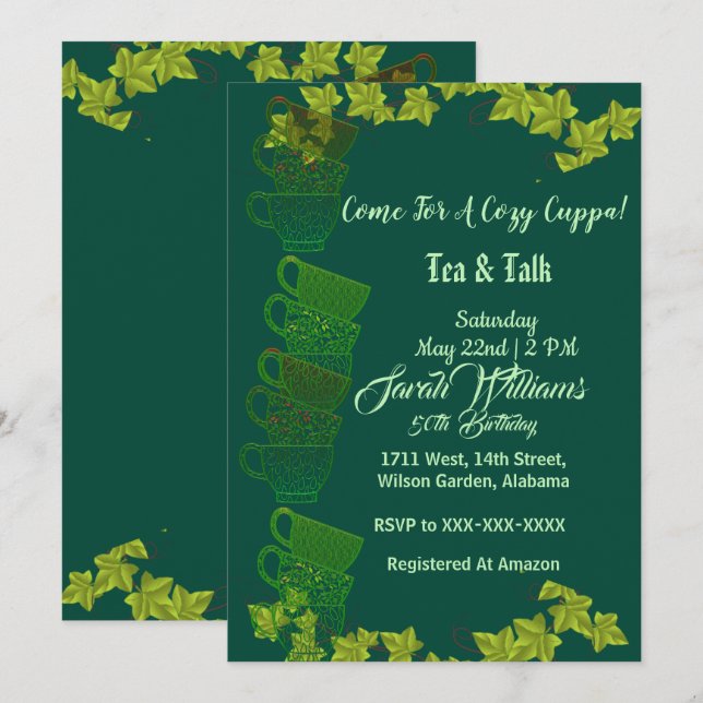 Cosy Cuppa Green Teacups Afternoon Tea 50 Birthday Invitation (Front/Back)