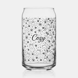Cosy Cute Bunny and Cat Paw Pattern Can Glass