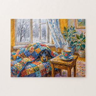 Cosy Dachshund Resting on Patchwork Winter Blanket Jigsaw Puzzle