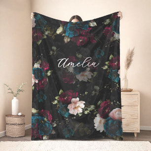 Cosy Dark Turquoise Red Floral Bloom Art Fleece Blanket