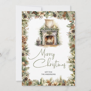 Cosy earth's natural hues Christmas fireplace Holiday Card