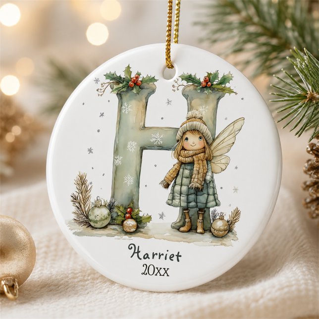Cosy Fairy Christmas Initial Personalised Holiday  Ceramic Tree Decoration (Creator Uploaded)