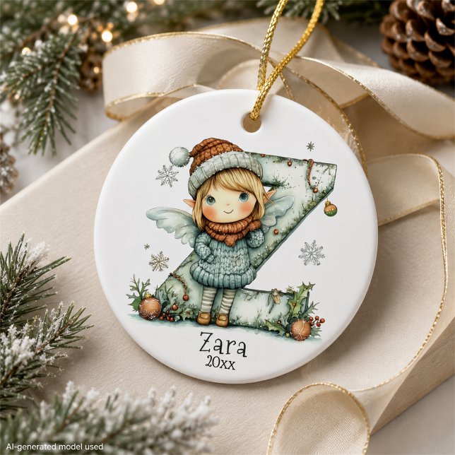 Cosy Fairy Christmas Initial Personalised Holiday  Ceramic Tree Decoration (Creator Uploaded)