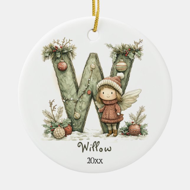 Cosy Fairy Christmas Initial Personalised Holiday  Ceramic Tree Decoration (Front)