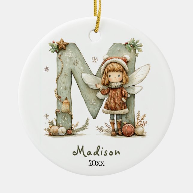 Cosy Fairy Christmas Initial Personalised Holiday Ceramic Tree Decoration (Front)
