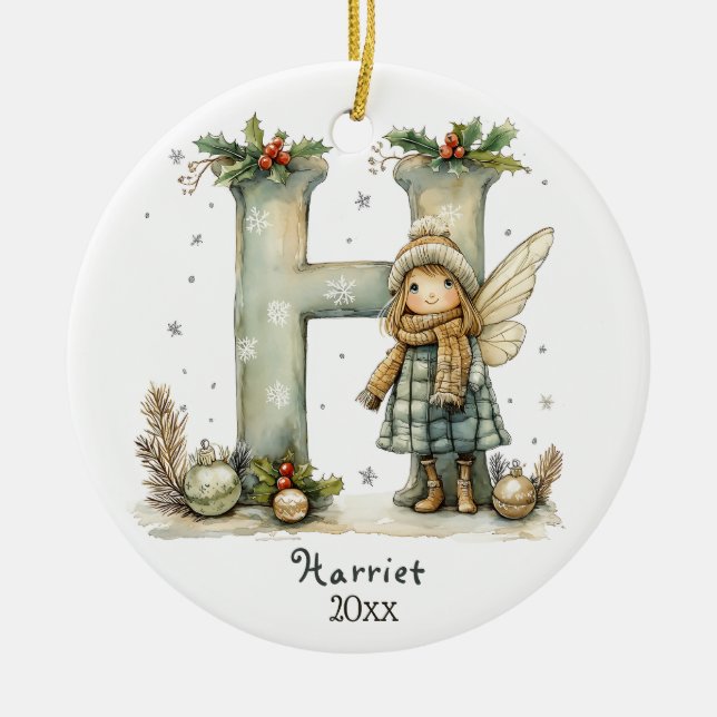 Cosy Fairy Christmas Initial Personalised Holiday  Ceramic Tree Decoration (Front)