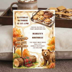 Cosy Fall Camping Birthday Camp Smores Bear Invitation