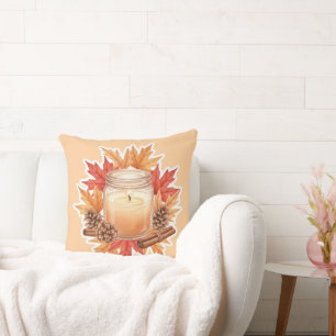 Cosy Fall Candle with Maple Leaves Autumn Design Cushion