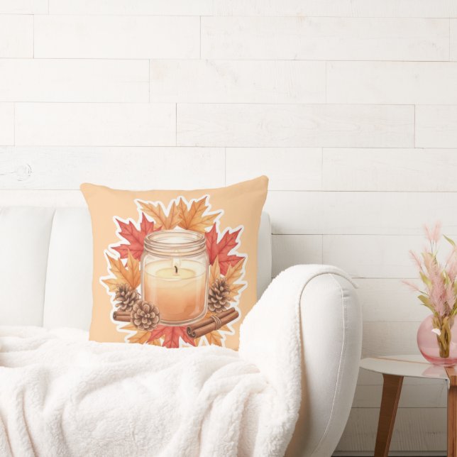 Cosy Fall Candle with Maple Leaves | Autumn Design Cushion (Couch)