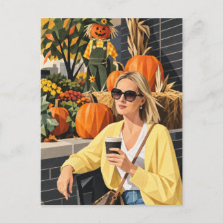 Cosy Fall Coffee & Pumpkins Geometric Art Postcard