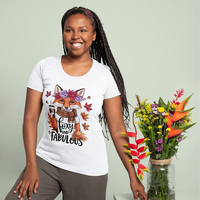 Cosy Fall Fox Floral Coffee Cute Fabulous Graphic T-Shirt (Foxy and Fabulous tee perfect Autumn gift for the sassy gal!)