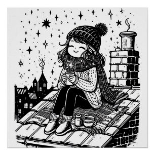 Cosy Fall Girl On Roof Black & White Colouring Pag Poster