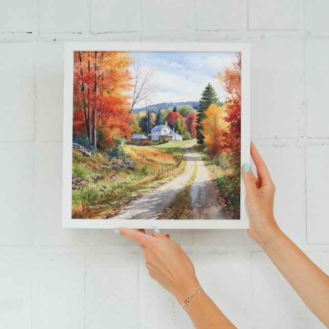 Cosy Fall In Vermont Village Watercolor Art Poster (Creator Uploaded)