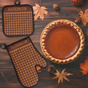 Cosy Fall Orange & Brown Buffalo Plaid Gingham Oven Mitt & Pot Holder Set