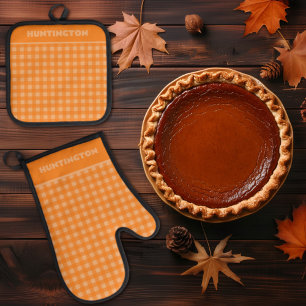 Cosy Fall Orange Buffalo Plaid Gingham Check Oven Mitt & Pot Holder Set