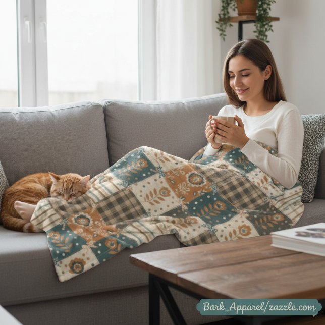 Cosy Fall Patchwork | Rustic Floral & Plaid Design Fleece Blanket (Creator Uploaded)