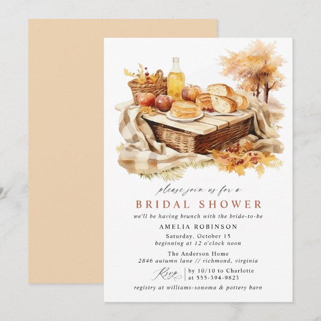 Cosy Fall Picnic Cute Rustic Bridal Shower Brunch Invitation (Front/Back)