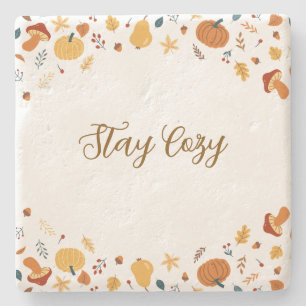 Cosy Fall Pumpkin & Autumn Leaves Rustic Stone Coaster