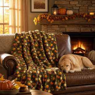 Cosy Fall Season Pumpkin Pattern on Brown Fleece Blanket