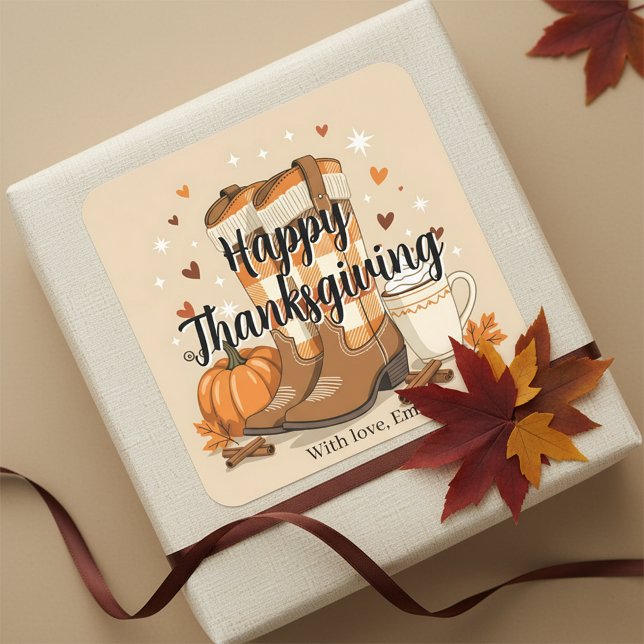 Cosy Fall Thanksgiving Cowboy Boots and Pumpkin Square Sticker (Creator Uploaded)